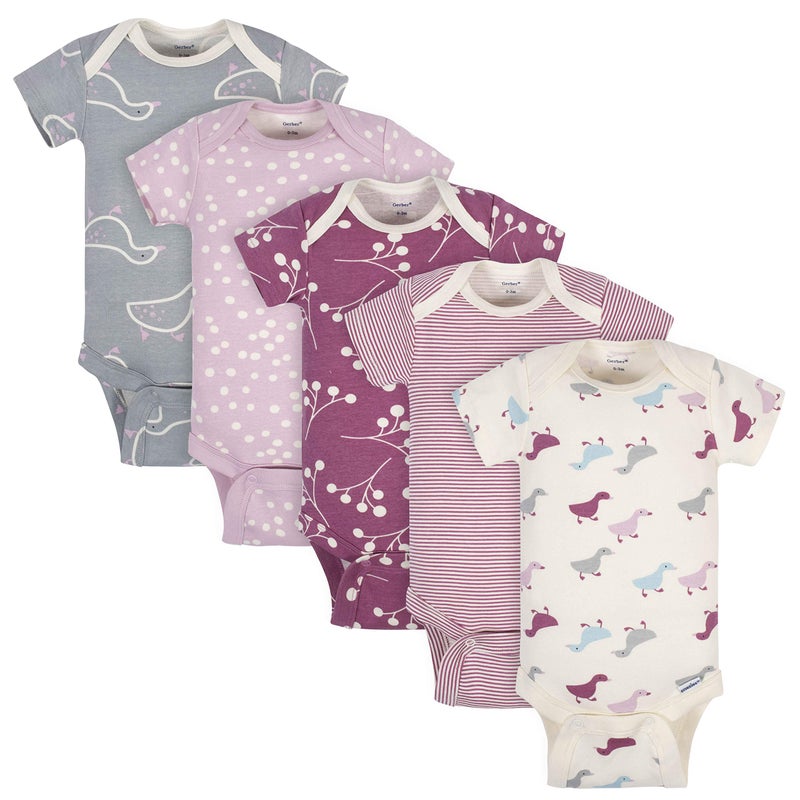 Grow by Gerber Baby Girls 5-Pack Short-Sleeve Onesies Bodysuits, Grey/Pink/Ivory, 6-9 Months - Image 1
